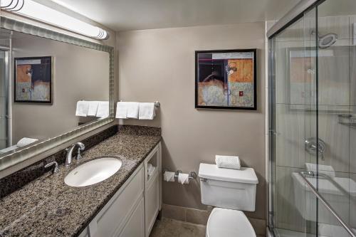 a bathroom with a toilet and a sink and a shower at Hilton Sacramento Arden West in Sacramento