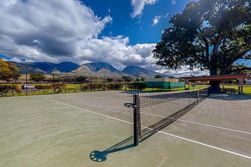a tennis net on a tennis court with mountains in the background at Puamana 30-2 in Lahaina