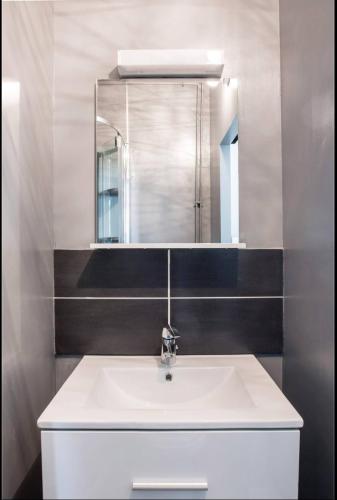 une salle de bain avec un lavabo blanc et un miroir dans l'établissement Charmant Appartement au cœur du Vieux-Lille, à Lille