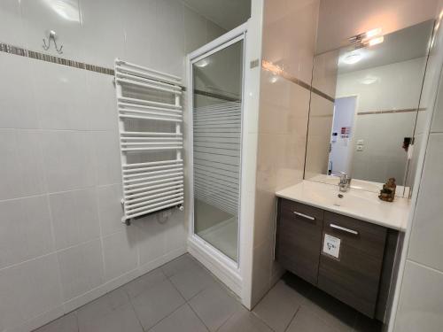 une salle de bain avec un lavabo et une douche avec un miroir dans l'établissement Studio, Terrasse, Confort & Emplacement Idéal !, à Montévrain