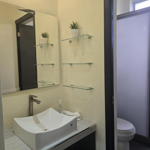 a bathroom with a sink and a mirror and a toilet at Departamento Bien Bonitío 1 in Comitán de Domínguez