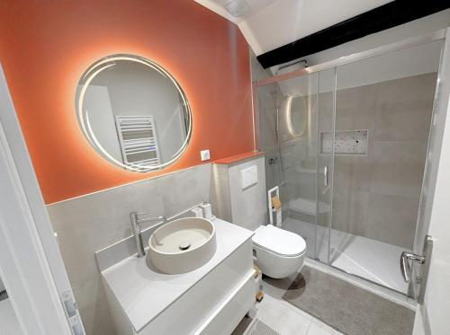 une salle de bain avec un lavabo et un miroir et des toilettes dans l'établissement L'échapée verte Grand T3 avec climatisation, à Lons-le-Saunier