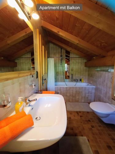 a bathroom with a white sink and a toilet at Opas Bergchalet in Halblech