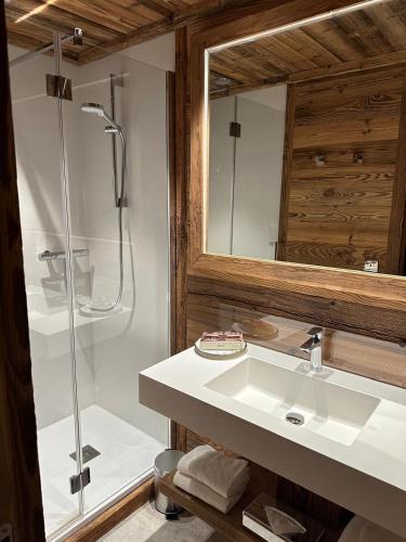 une salle de bain avec un lavabo et une douche dans l'établissement les 2 ours, à Val dʼIsère