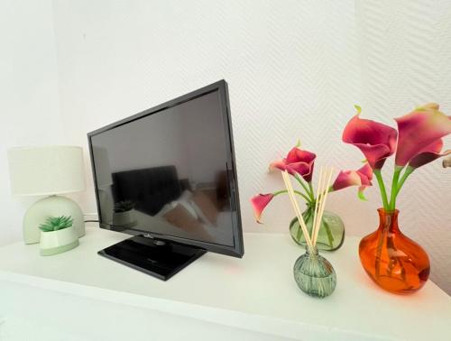einen TV auf einem Regal mit Vasen und Blumen in der Unterkunft "petillat"-Superbe studio meublé 3 étoiles in Vichy