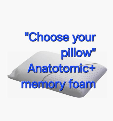 a close up of a pillow with the text choose your pillow antibiotic memory foam at Luxury Villa Ntina in Maronia