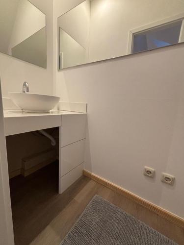 a bathroom with a sink and a mirror at Doppelzimmer-Bad-Kühlschrank TV-18 in Meine