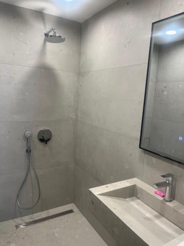 a bathroom with a shower with a sink and a mirror at SPA Apartments Perun in Sandanski