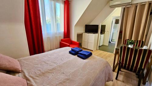 a bedroom with a bed and a red curtain at Studio Pavot - 15min Paris RER E, cosy in Noisy-le-Sec