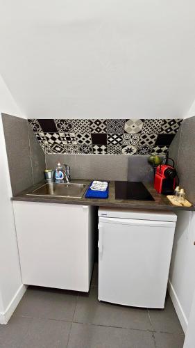 une petite cuisine avec un évier et un comptoir dans l'établissement Studio Pavot - 15min Paris RER E, cosy, à Noisy-le-Sec
