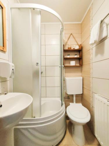a bathroom with a shower and a toilet and a sink at Pension Nea Marin in Măgura