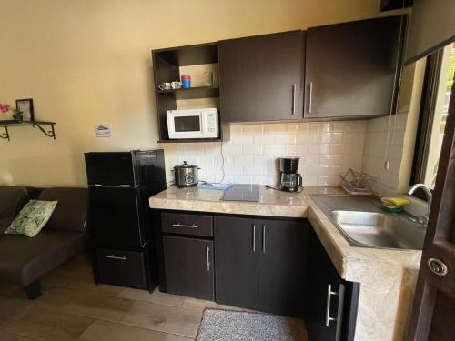 a kitchen with a black refrigerator and a microwave at Villa jr 2 Cerca del Peñon de Guacalillo, tarcoles in Tivives
