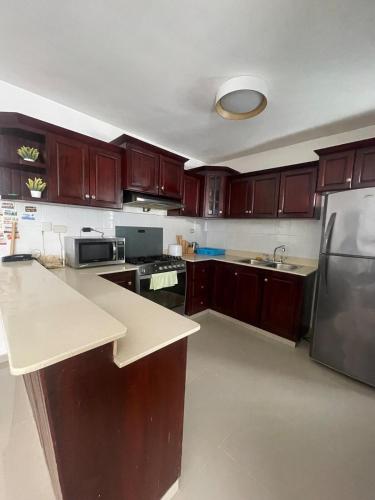 a kitchen with wooden cabinets and a stainless steel refrigerator at Apartment in Harmony I in Santiago de los Caballeros