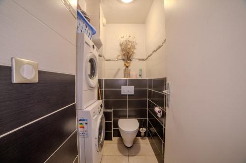une petite salle de bain avec toilettes et lavabo dans l'établissement Superbe Duplex Cosy Parking Hypercentre, à Villeurbanne