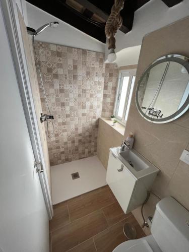 a bathroom with a shower and a sink and a mirror at El Encanto de Jerez in Jerez de la Frontera