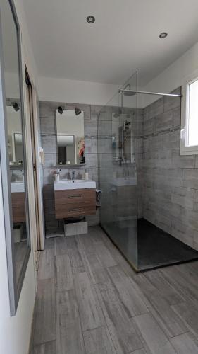 une salle de bain avec une douche, un lavabo et un miroir dans l'établissement House with pool in Alpilles, à Saint-Étienne-du-Grès
