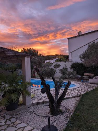 un arbre au coucher du soleil en face d'une piscine dans l'établissement House with pool in Alpilles, à Saint-Étienne-du-Grès