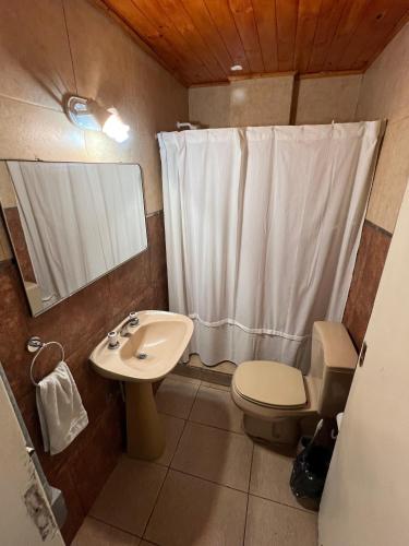 a bathroom with a sink and a toilet and a mirror at Los Lirios Gardes Pehuajo in Pehuajo