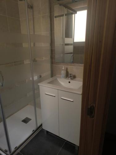 a bathroom with a white sink and a shower at Tú casa en Aranda in Aranda de Duero