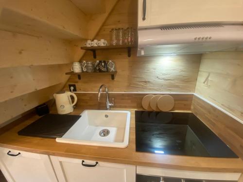 une cuisine avec un évier dans une petite maison dans l'établissement Chalet iris & Jaccuzi privatif, à Rochesson