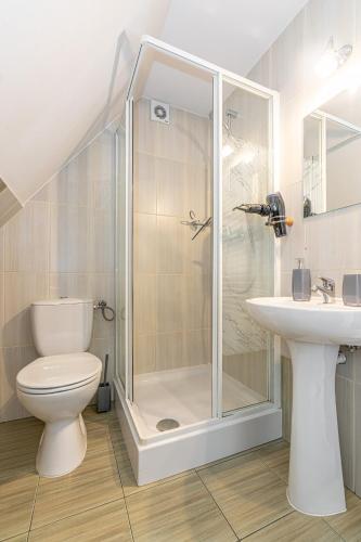 a bathroom with a shower and a toilet and a sink at Willa Jaś I Małgosia in Kościelisko