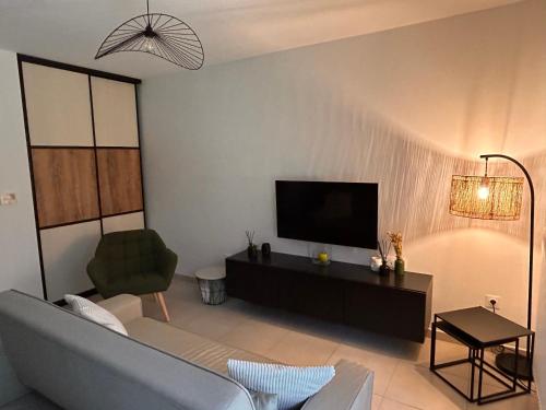 un salon avec un canapé et une télévision dans l'établissement Le petit val, à Pinchefalise