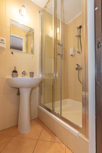 a bathroom with a sink and a shower at Willa Jaś I Małgosia in Kościelisko