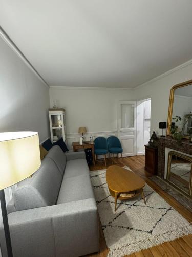 - un salon avec un canapé gris et un miroir dans l'établissement Appartement cosy et calme Pasteur Montparnasse, à Paris