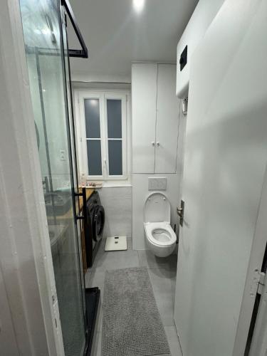 une petite salle de bain avec toilettes et douche dans l'établissement Appartement cosy et calme Pasteur Montparnasse, à Paris