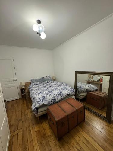 - une chambre avec un lit, un miroir et du parquet dans l'établissement Appartement cosy et calme Pasteur Montparnasse, à Paris