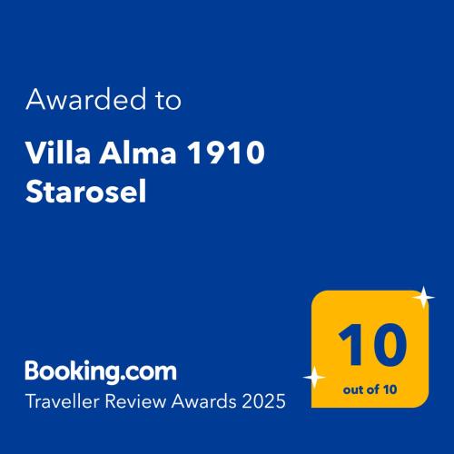 a yellow square with the text awarded to villa alma stamed at Villa Alma 1910 Starosel in Starosel