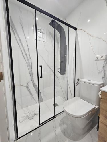 a bathroom with a glass shower with a toilet at Nueva PENSION CIBELES in Córdoba