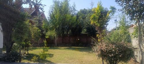 a yard with trees and a brick wall at Magnolia Homestay in Srinagar