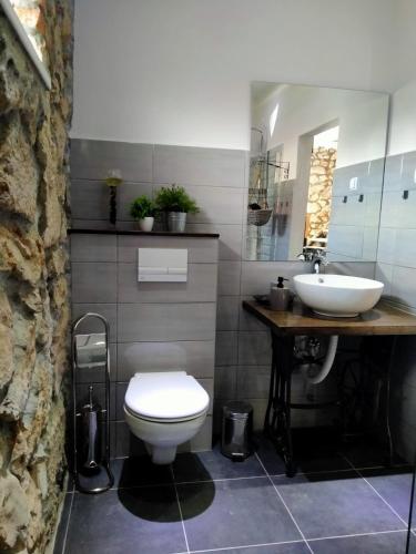 a bathroom with a white toilet and a sink at Lika Sunset in Ličko Lešće