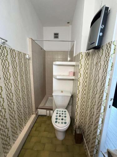 une salle de bain avec toilettes et douche dans l'établissement Résidence Oustalet - Studio avec magnifique vue panoramique sur la mer à St Cyr Sur mer MAE-1611, aux Lecques