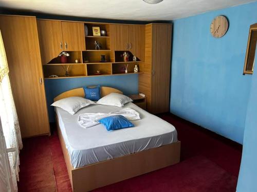 a bedroom with a bed with blue walls and wooden cabinets at Casa Vera in Corbu
