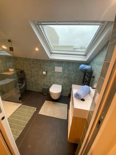 La salle de bains est pourvue d'un lavabo et de toilettes avec une lucarne. dans l'établissement duplex 1, aux Lilas
