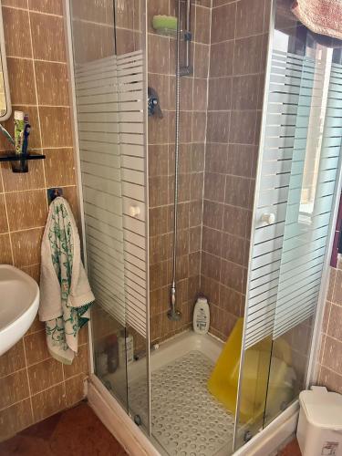 a shower with a glass door in a bathroom at Villaliana in Torre Dei Corsari