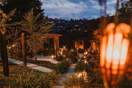a garden at night with lights in the yard at Pousada Chales da Mantiqueira - Campos do Jordão in Campos do Jordão