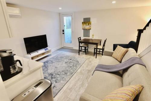 a living room with a couch and a television at Lovely English Basement Apartment in Washington DC in Washington, D.C.