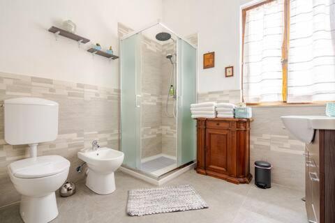 a bathroom with a toilet and a shower and a sink at Appartamento il vecchio Forno in Mercatale Val Di Pesa