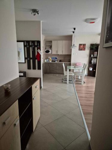 a kitchen with a counter and a table in a room at Central Pécs Bea&Tom in Pécs