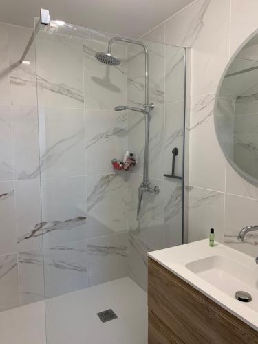 une salle de bain avec douche et lavabo dans l'établissement Les Hérons, à Lège-Cap-Ferret
