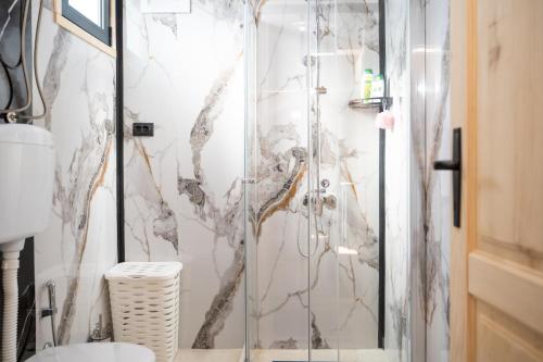 a bathroom with a shower and a toilet at RAOS Cottage in Ulcinj
