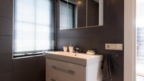 uma casa de banho com um lavatório branco e um espelho. em Bed and Breakfast De Reggestee em Hellendoorn