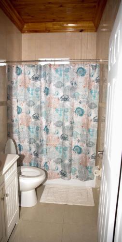 a bathroom with a toilet and a shower curtain at Tangerine Sunsets Satsuma One in Nassau