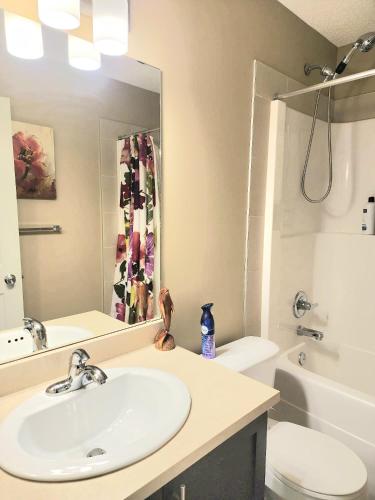 a bathroom with a sink and a toilet and a mirror at Cozy Luxury House in Edmonton