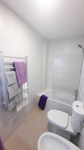 a white bathroom with a toilet and a bath tub at Apartamento auditorio centro in Ribeira