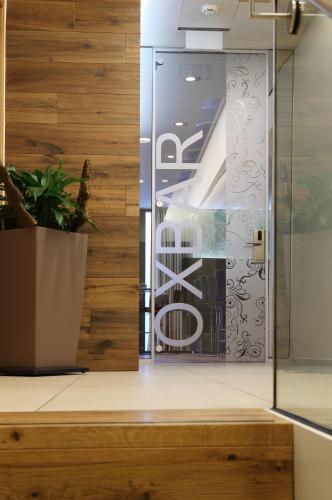 a glass door with a potted plant on a counter at Hotel-Restaurant Ochsen in Blaubeuren