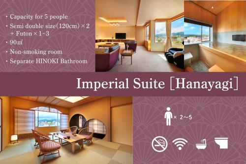 a collage of two pictures of a hospital lobby at Honjin Hiranoya Kachoan in Takayama